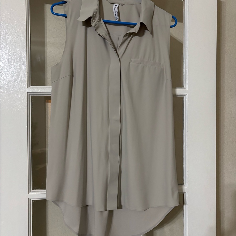 Athleta Tan Asymmetrical Buttoned Blouse with Notched Collar